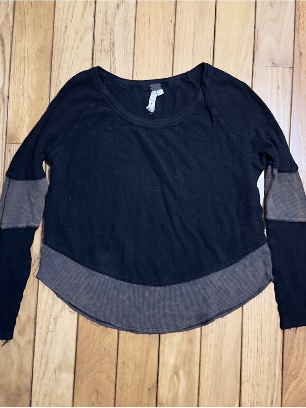 Free People Black Long Sleeve Layered Top with Brown Panels